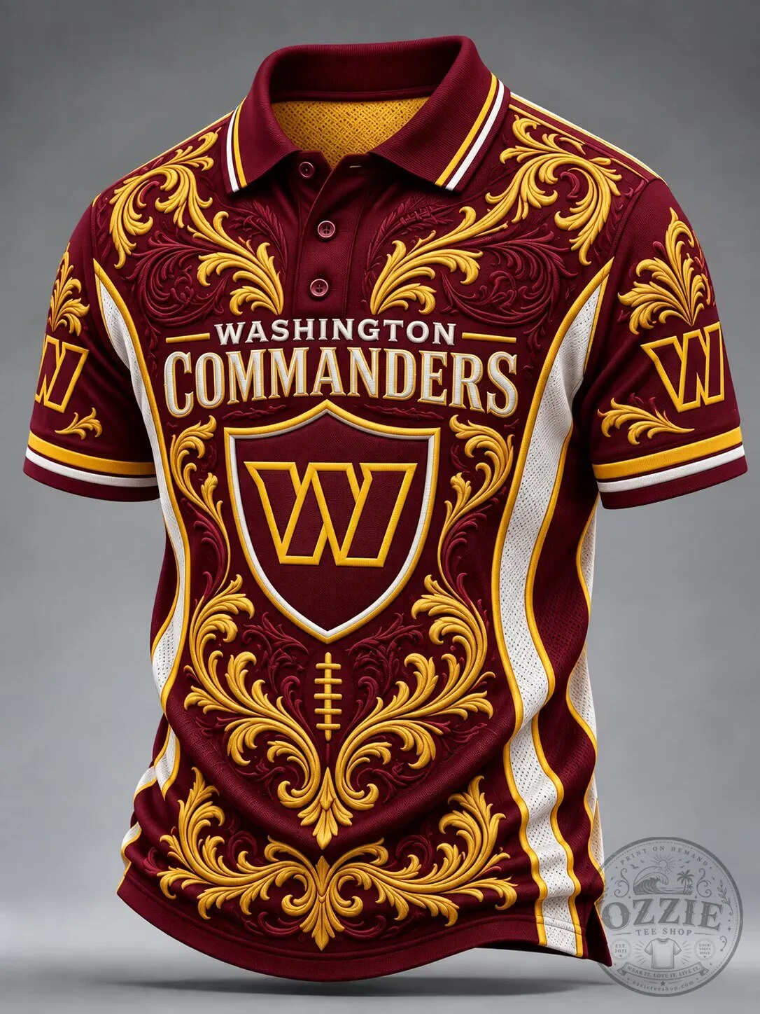 Washington Commanders Football Team Ornate Gold Pattern Polo Shirt